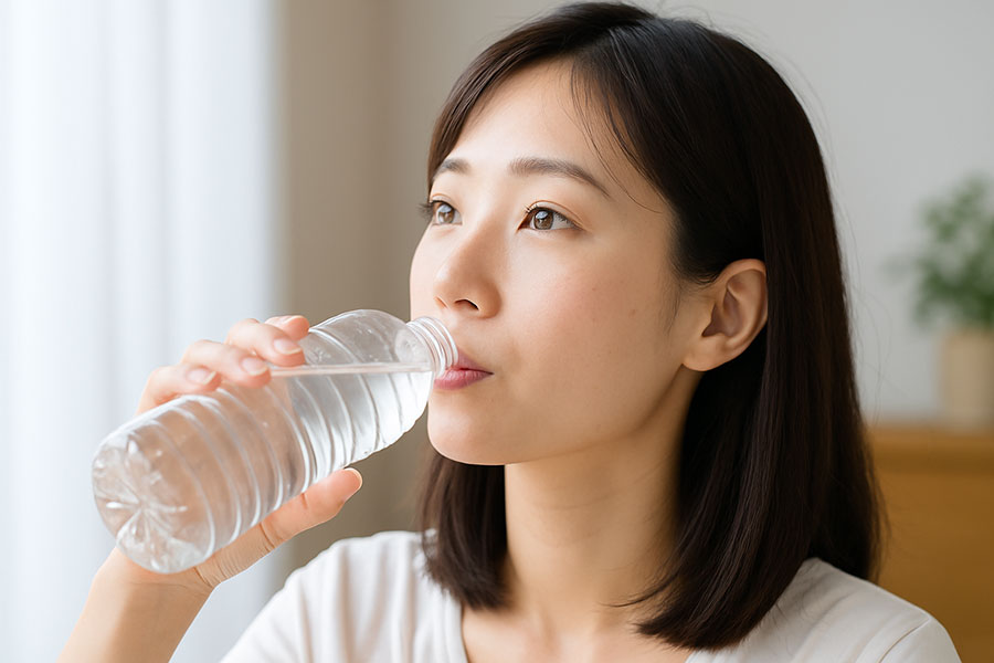 ペットボトルの水を飲む女性