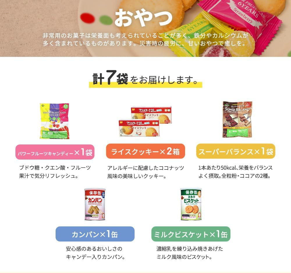 長期保存できるおやつ。キャンディやクッキーなど非常時にこそおいしい食べ物を